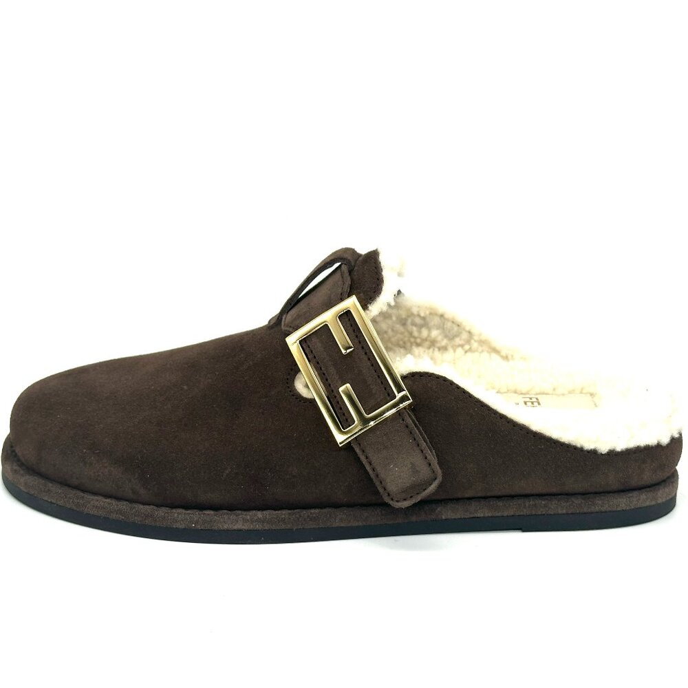 FENDI Feel FF Shearling  Buckled Sabots Mules Slides Flat Clog Sandals - Picture 3 of 16